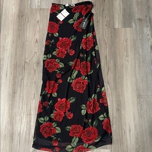 Black Maxi Skirt with Red Floral Pattern
